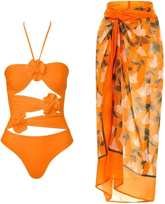 IDOPIP Women's One Piece Swimsuit with Beach Cover up Wrap Skirt Sarong Halter Floral Print Bikin... | Amazon (US)