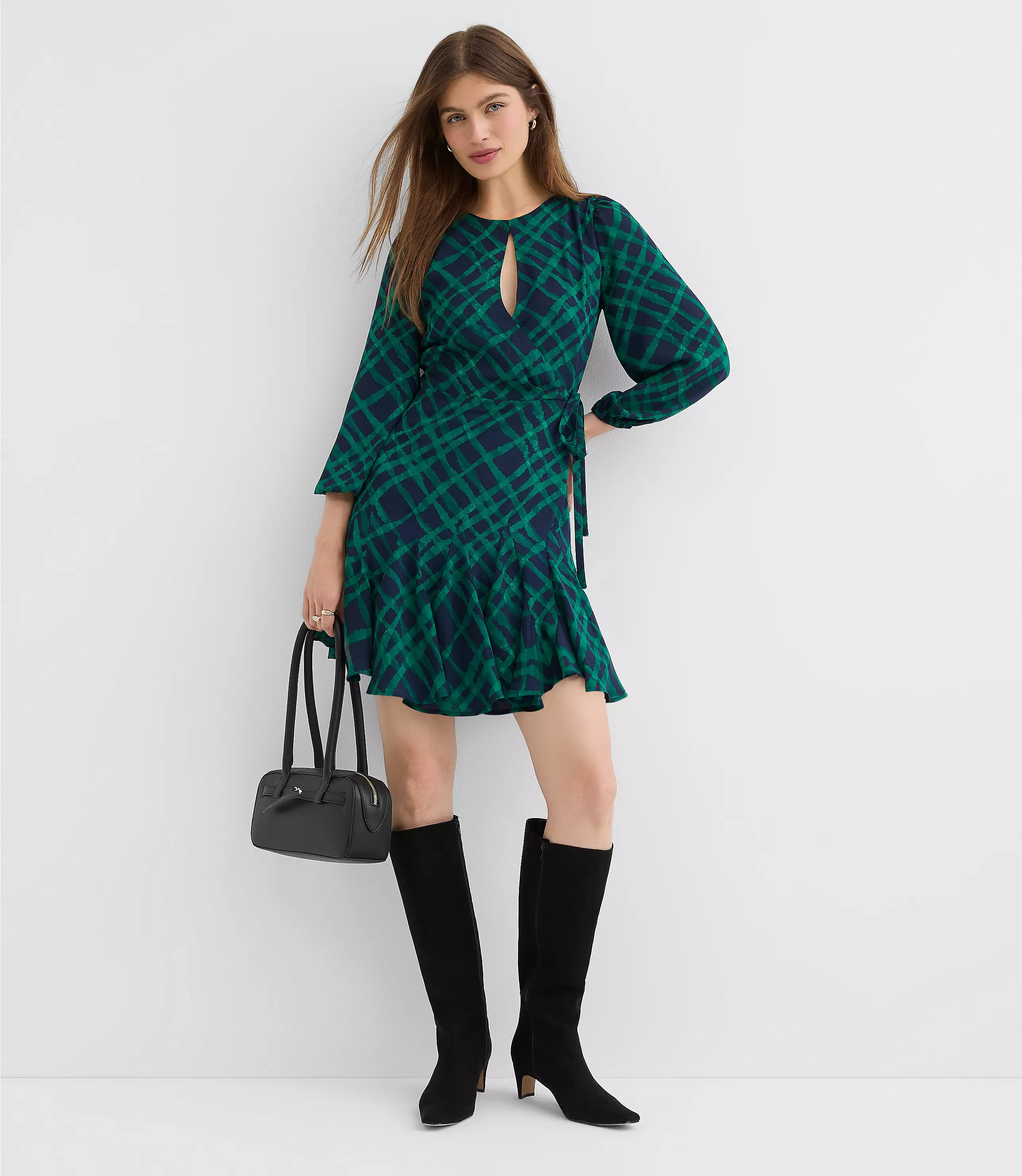 Petite Plaid Keyhole Godet Flare Dress | LOFT
