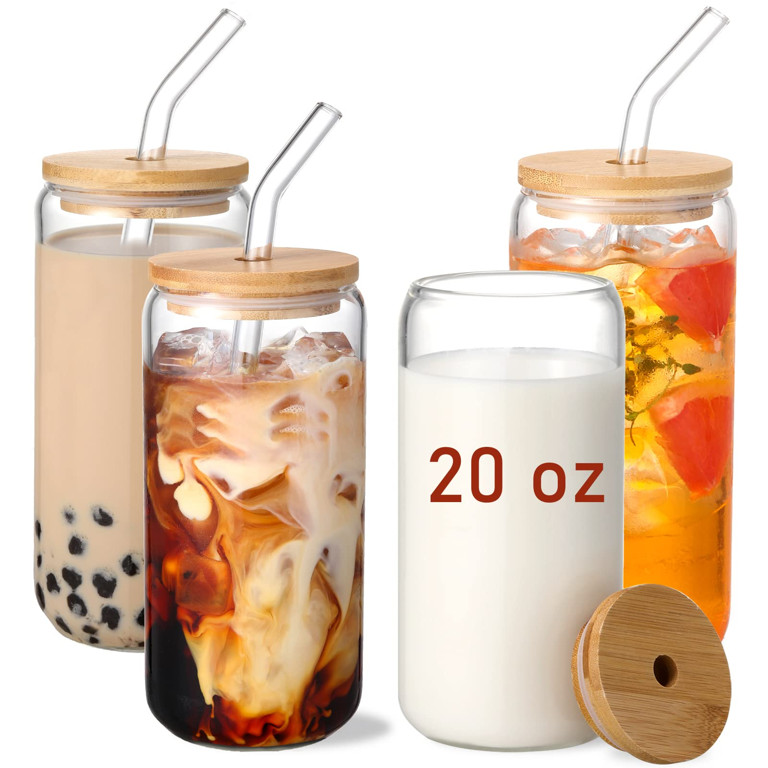 20 OZ Glass Cups with Bamboo Lids and Glass Straw - 4pcs Set Beer Can Shaped Drinking Glasses, Ic... | Walmart (US)
