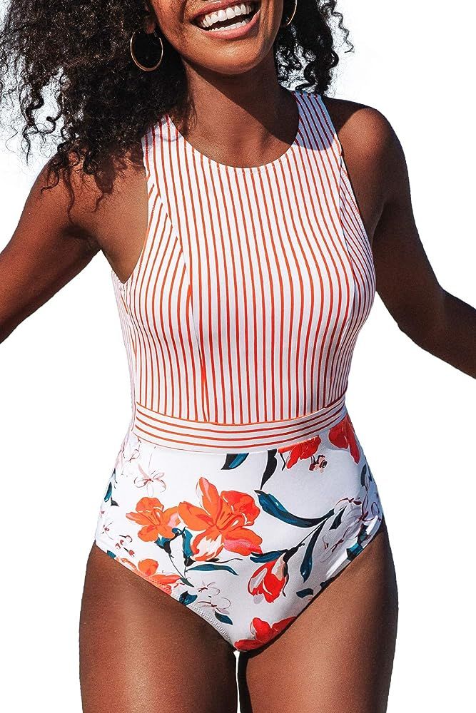CUPSHE Women's Striped Leafy One Piece Swimsuit | Amazon (US)