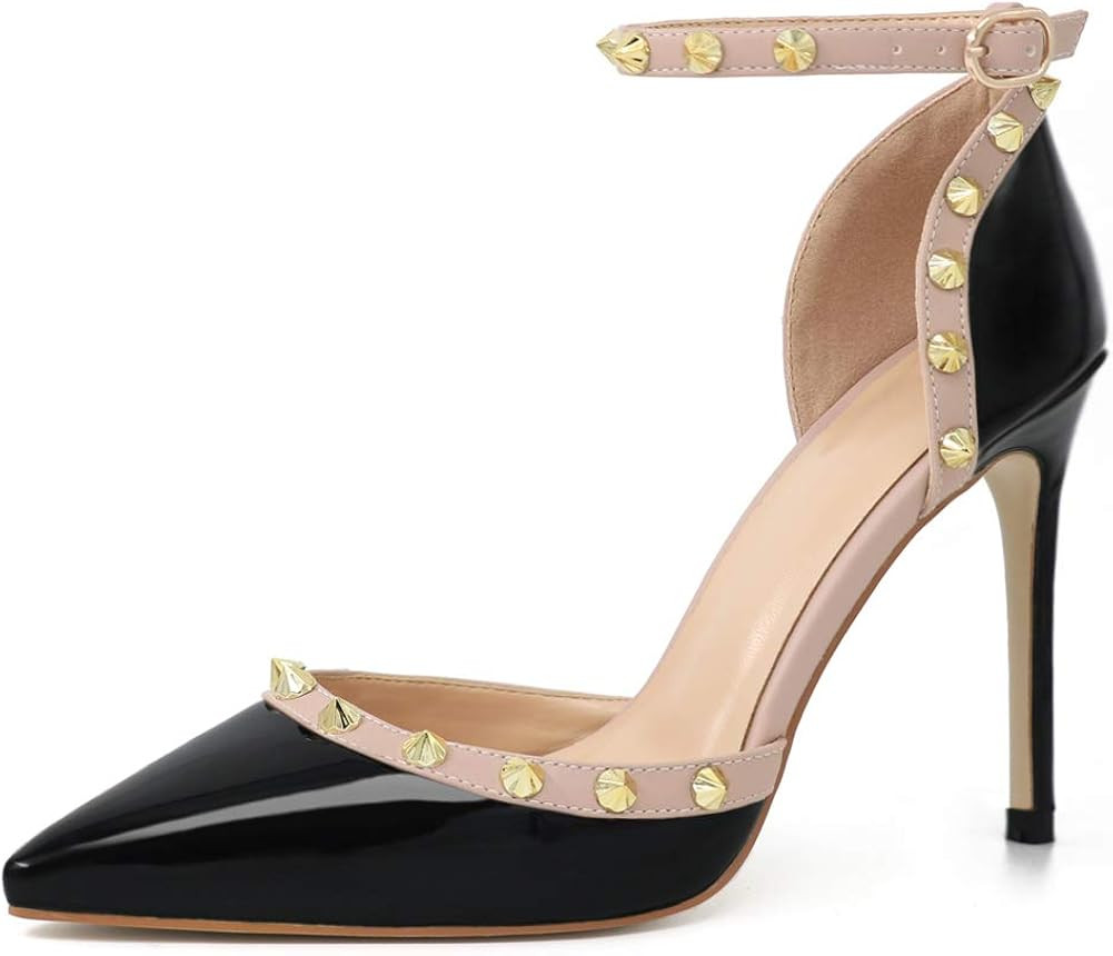 HECATER Studded Heels for Women Pumps Ankle Strap Dress Sandals | Amazon (US)