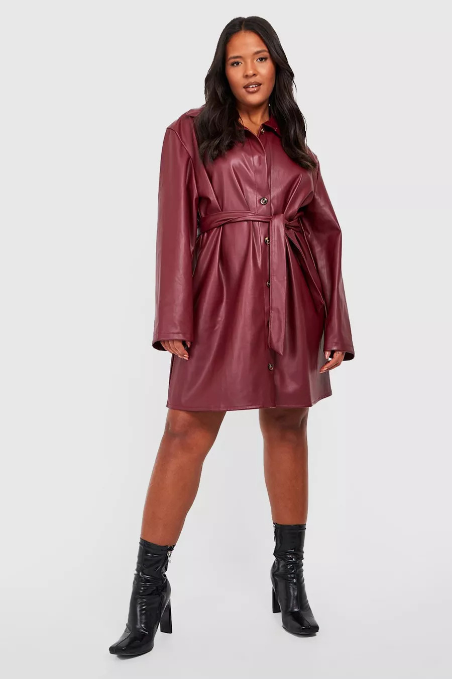 Plus Faux Leather Belted Smock Dress | Boohoo.com (US & CA)