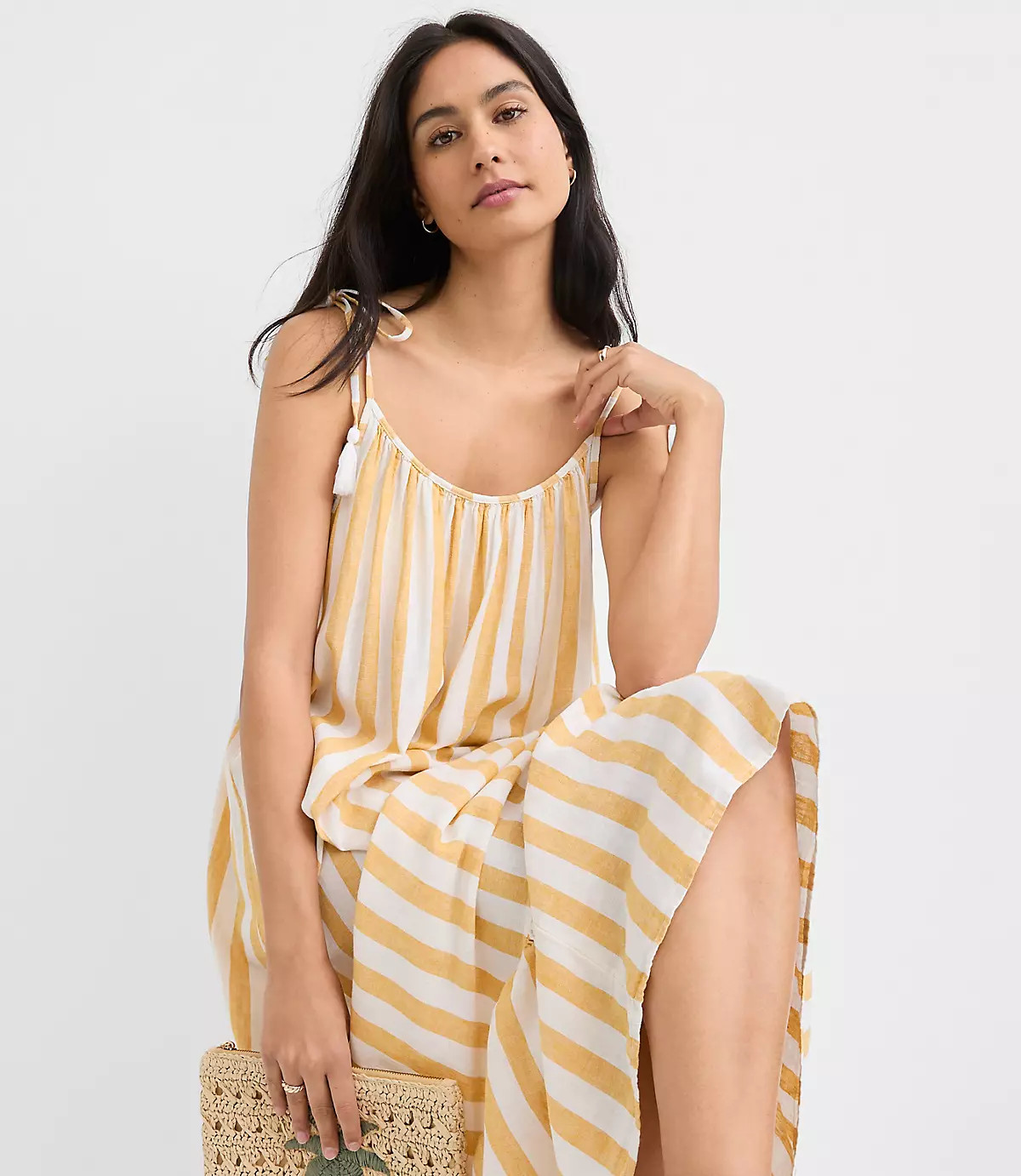 LOFT Beach Striped Tie Strap Linen Cotton Maxi Dress | LOFT