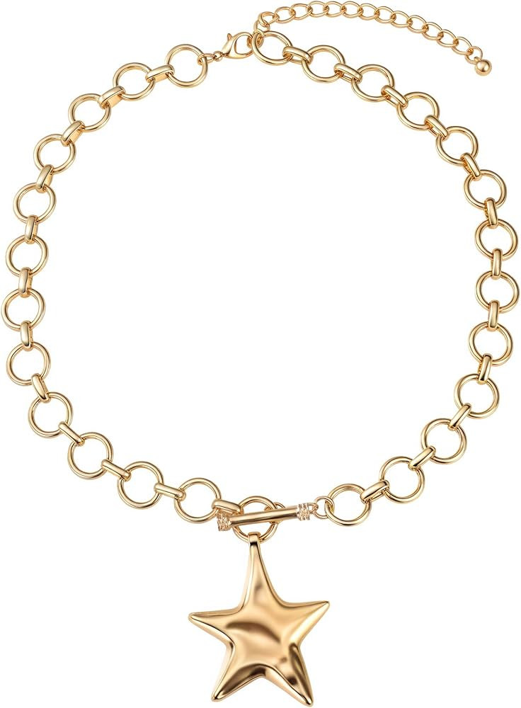 MQV Chunky Statement Gold Hammered Bold Star Necklace Thick Chain Vintage Chain Pendant Jewelry | Amazon (US)