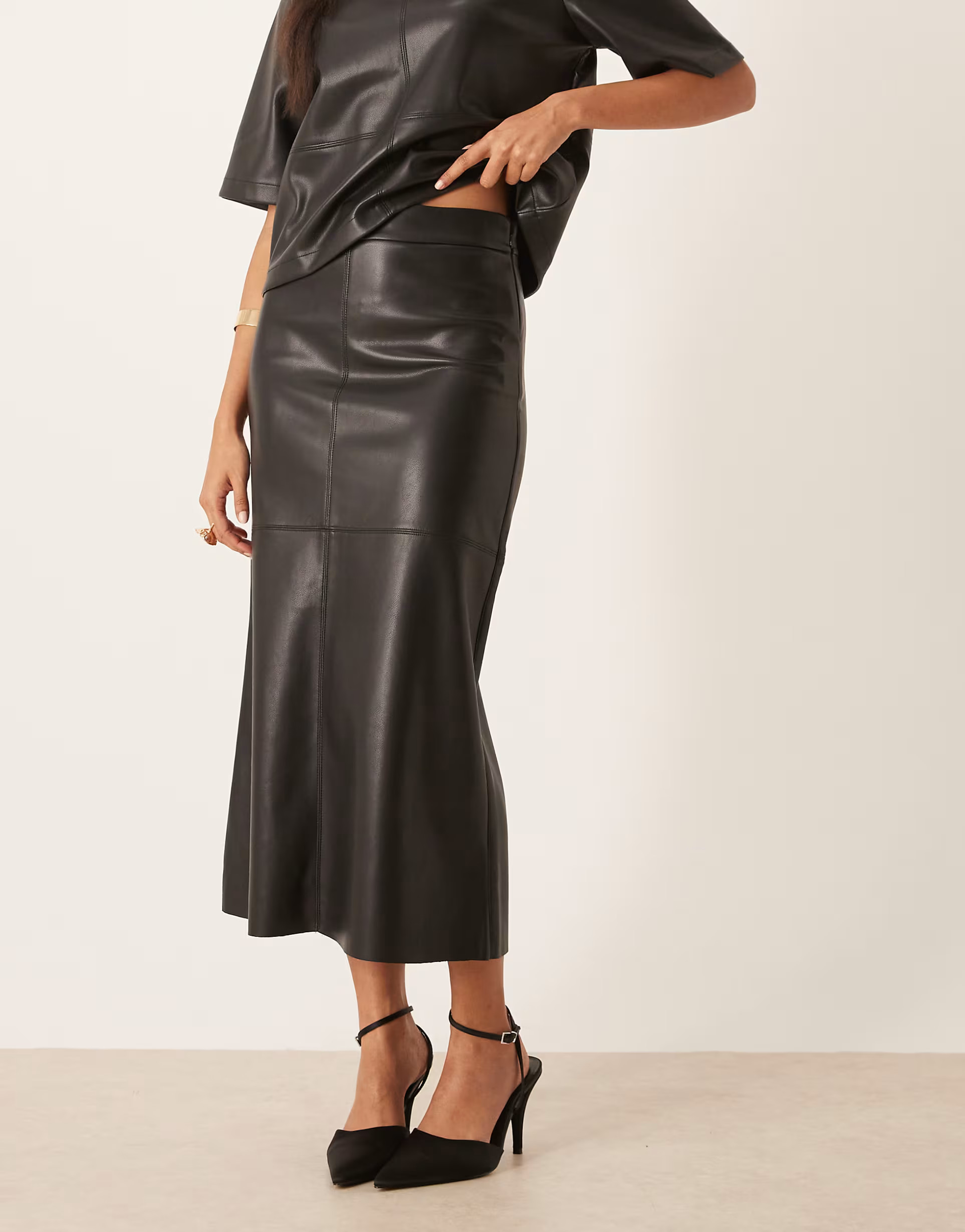 Gina Tricot PU straight cut midi skirt in black | ASOS (Global)