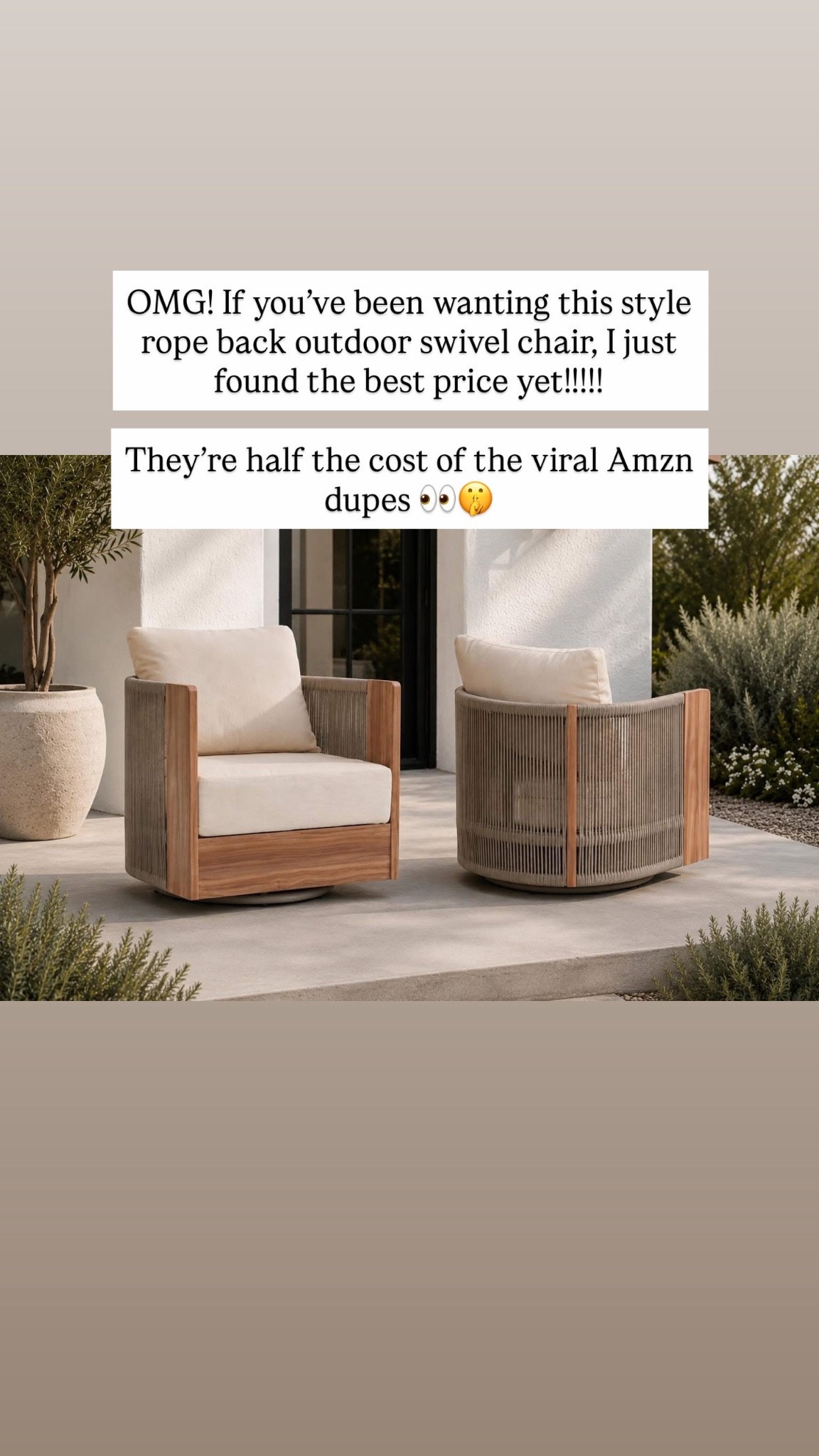 OMG! If you’ve been wanting this style rope back outdoor swivel chair, I just found the best price yet!!!!!

They’re half the cost of the viral Amzn dupes 👀🤫

#LTKdayinmylife #LTKHome #LTKSaleAlert