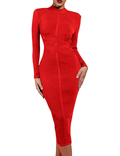 UONBOX Women's Long Sleeves Cross Strap Ribbed Club Party Midi Bodycon Bandage Dress (XS, Red) | Amazon (US)