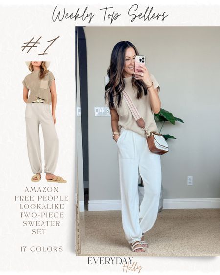 Sale alert on this Free People lookalike Two piece sweater and jogger with pockets set size small in khaki white.  It's super comfy Free 15% off right now.  The bottoms are a little long on me and I roll over the waistband to fit.  I need the xs which is my try size.  Crossbody bag is super cute, functional
Shoes are super comfy and match perfectly  



#LTKunder50 #LTKstyletip #LTKsalealert