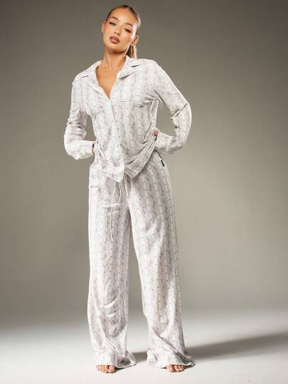 MISSGUIDED Set pigiama con camicia a maniche lunghe con bottoni e colletto, pantaloni con couliss... | SHEIN