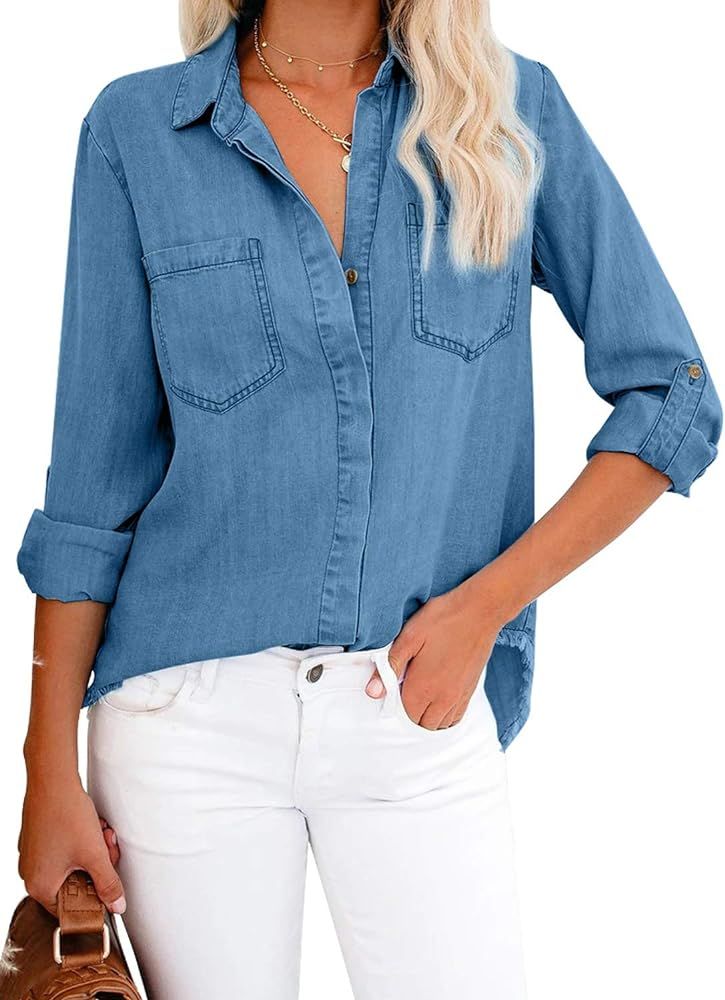 Lovezesent Womens Button Down Roll Up Long Sleeve Denim Shirts Jeans Blouses Top | Amazon (US)