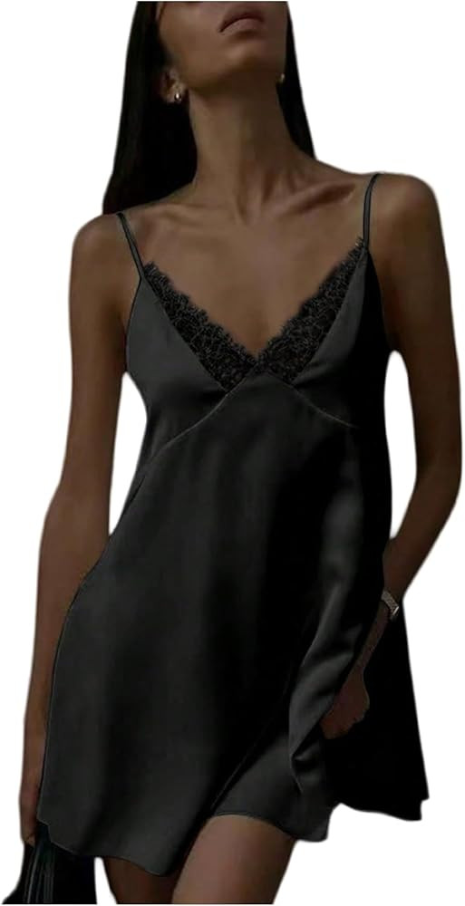 GORGLITTER Women's Lace V Neck Satin Dress Spaghetti Strap Tie Backless Sexy Wedding Guest Party ... | Amazon (US)
