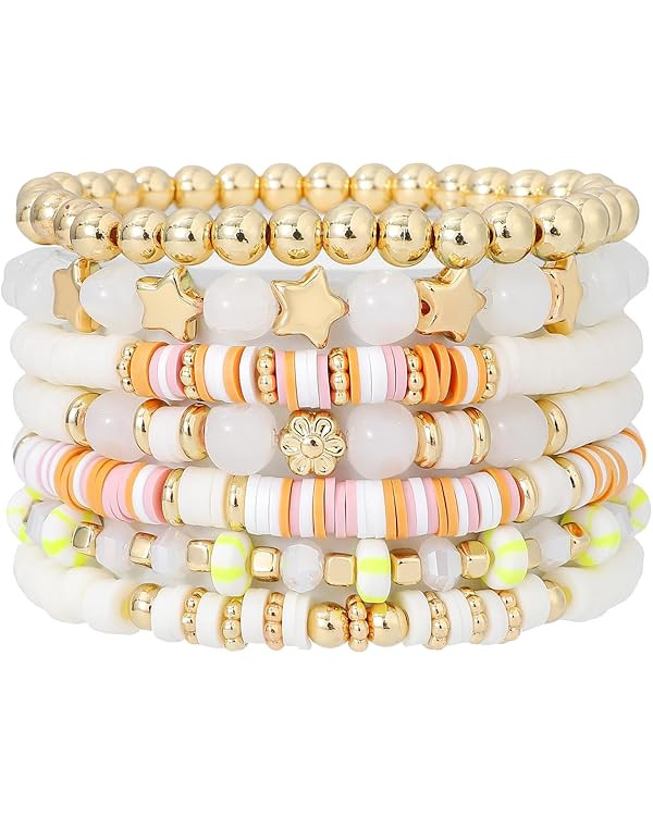 Surfer Heishi Clay Bead Bracelets for Women Bohemian Stackable Gold Plated Beaded Stretch Bracele... | Amazon (US)