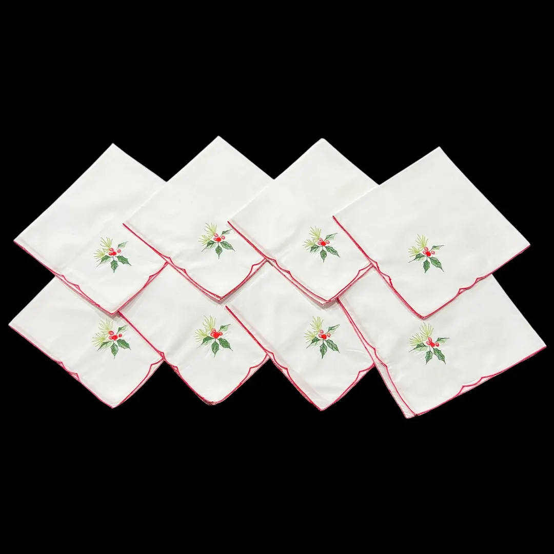 Embroidered Christmas Napkins Pine & Holly White Red Trim Set of 8 Square 16 - Etsy | Etsy (US)