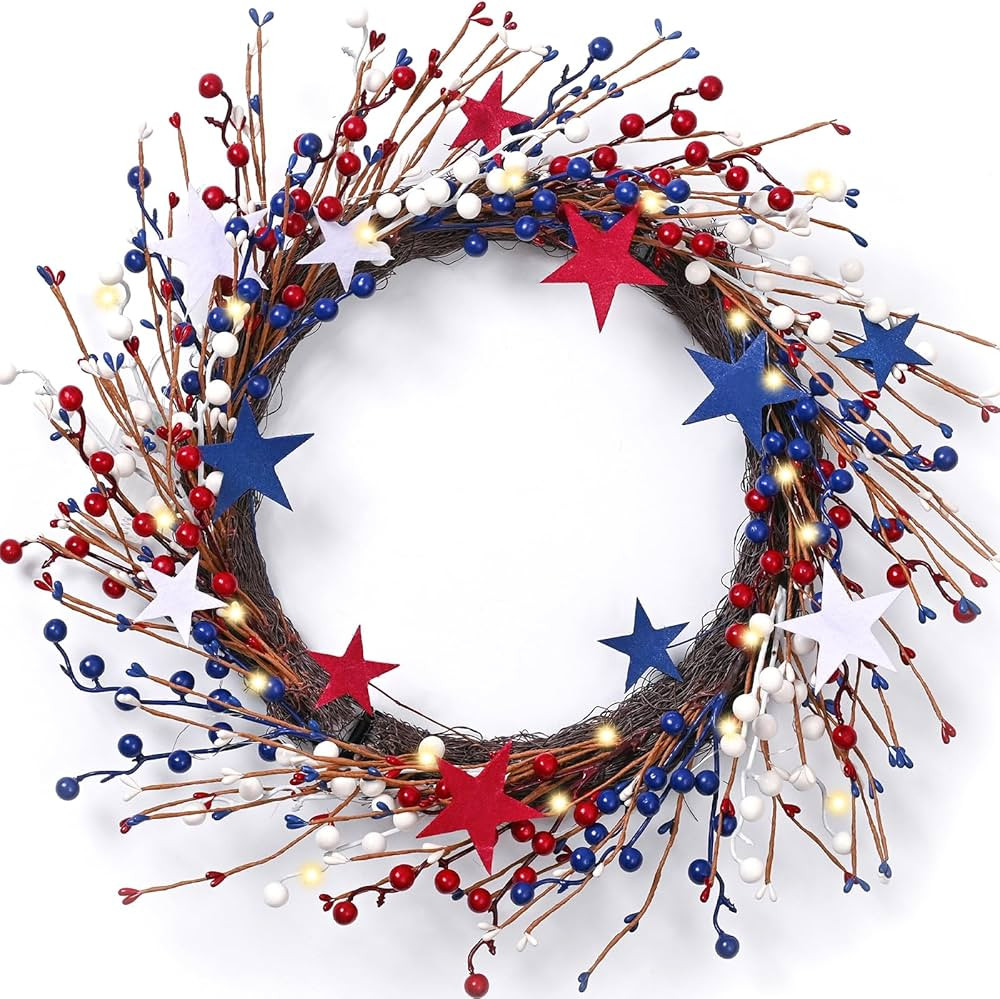DecorbyHannah Patriotic Wreath, 20 Inch 4th of July Wreath for Front Door with Lights, Spring Sum... | Amazon (US)
