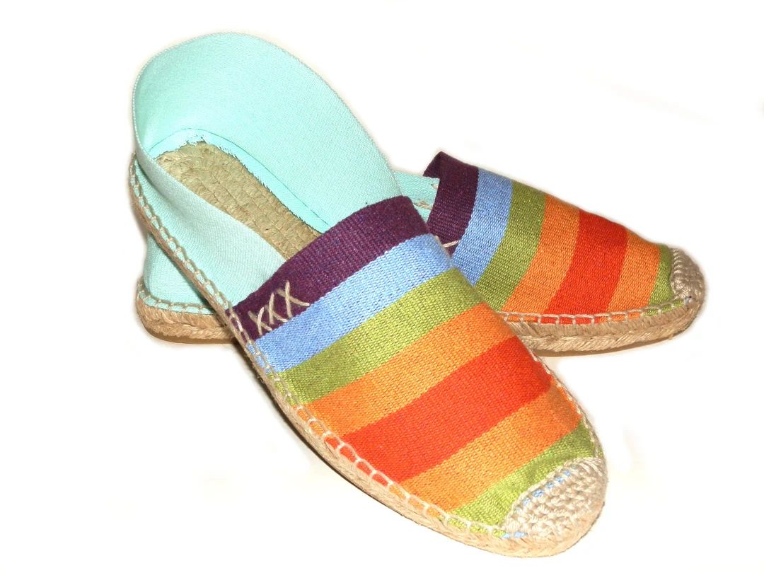 Flat Espadrilles Made of Striped and Aqua Green Canvas. - Etsy | Etsy (US)