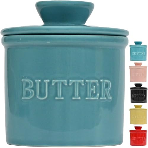 PriorityChef French Butter Crock with Lid, Get on Demand Spreadable Butter, Ceramic Butter Keeper to Leave on Counter with Water Line, Embossed Turquoise | Amazon (US)