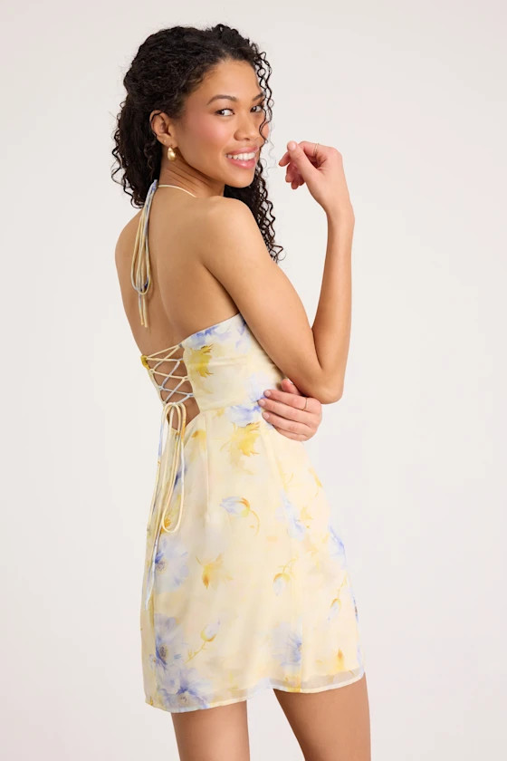 Catch the Bouquet Light Yellow Floral Halter Lace-Up Mini Dress | Lulus