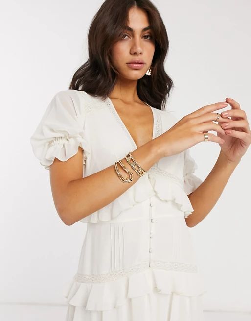 ASOS DESIGN button through lace insert tiered midi dress in ivory | ASOS (Global)