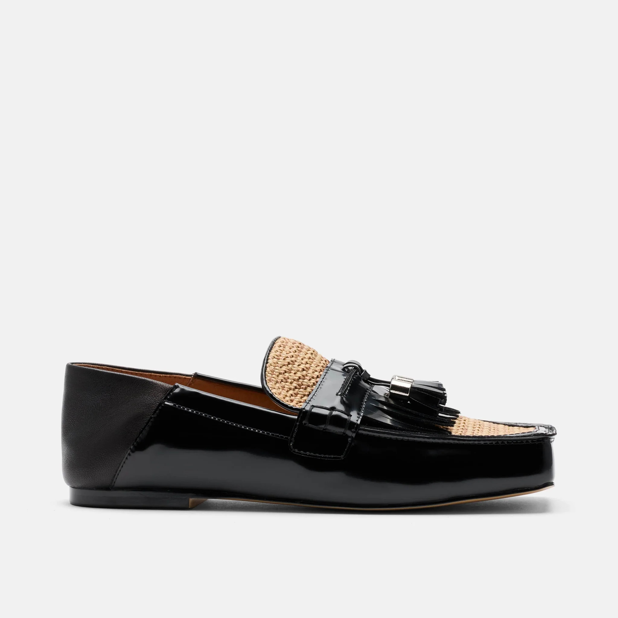 Simone Black/Tan Leather Raffia Tassel Loafers | Marc Nolan