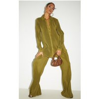 Tall Olive Plisse High Waisted Wide Leg Pants | PrettyLittleThing US