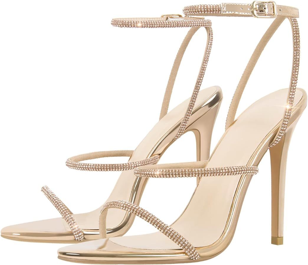 richealnini Rhinestone Stiletto Heels Sandals for Women Crystal Straps Buckle Up Party Dress | Amazon (US)
