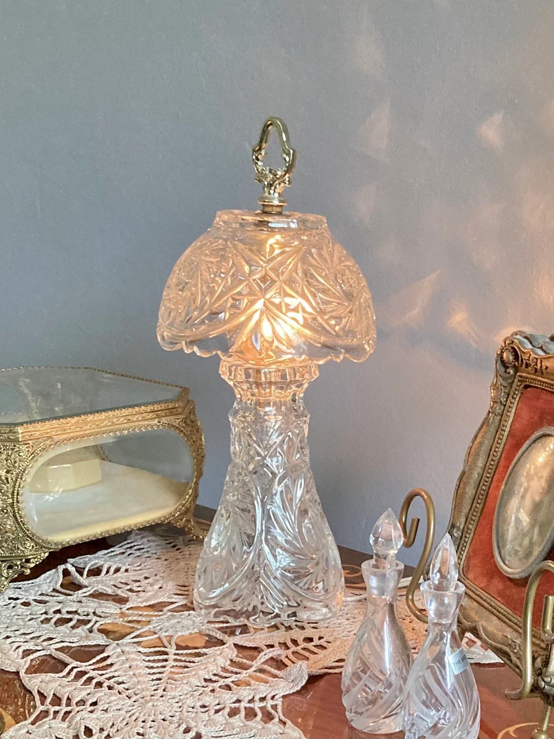 Small Glass Boudoir Parlor Lamp With Brass Finishings - Cut Geometric and Star Pattern - Etsy | Etsy (US)