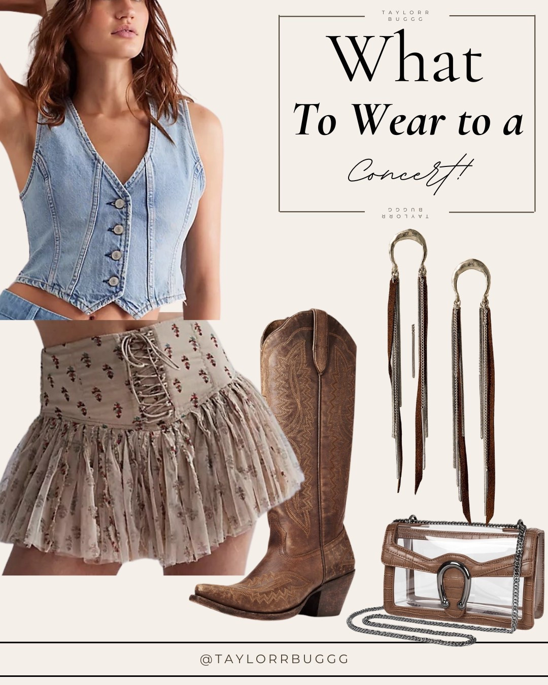 Concert ready and cute as ever! This look features a denim vest top, floral lace-up skirt, and statement earrings—all from Free People. I paired it with my go-to Ariat boots for comfort and style, plus a stadium-approved clear bag from Amazon to keep things compliant and chic. Shop the full fit below!

#LTKConcert #CountryConcertStyle #FreePeopleStyle #AriatBoots #AmazonFinds #StadiumApproved #WesternStyle #ConcertOOTD #TaylorInspiredLooks #LTKSpringStyle