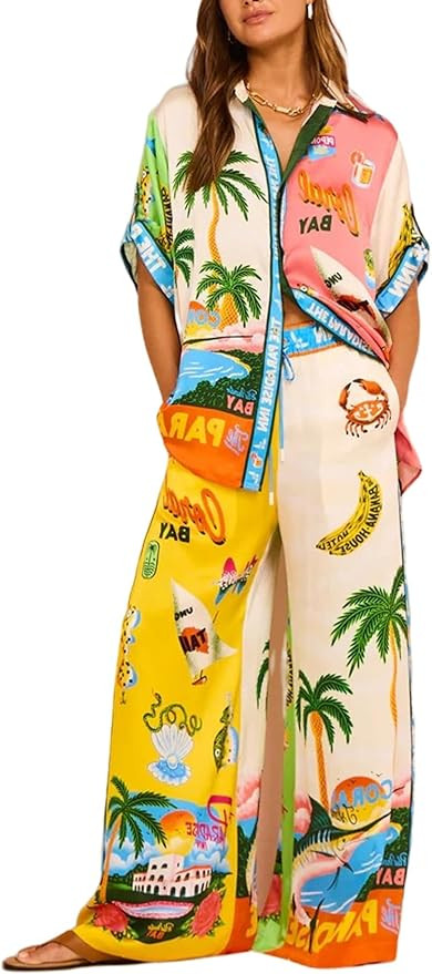 Womens 2 Piece Linen Sets Short Sleeve Button Down Shirt Wide Leg Pants Lounge Sets Boho Print Su... | Amazon (US)