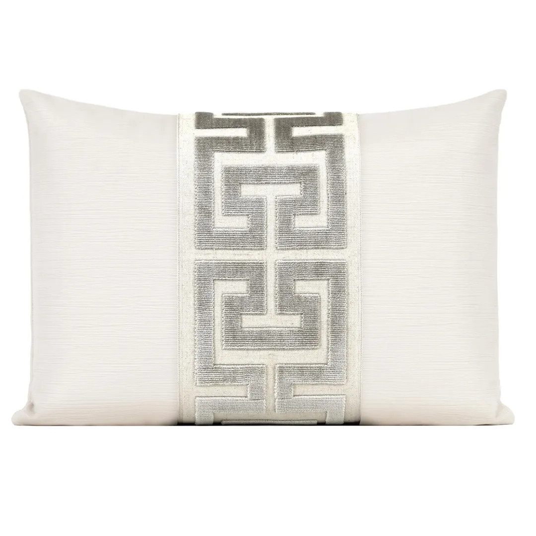 Striated Velvet Pillow Cover With Large Greek Key Trim | Alabaster Cream Designer Velvet Pillow C... | Etsy (US)