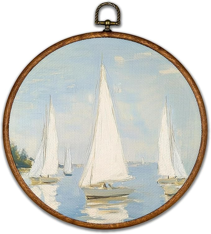 BCUANGD Vintage Sailboat Round Wall Art Decor - Retro Coastal Landscape Wall Art Canvas Frame Art... | Amazon (US)