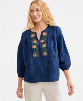 Style & Co Women's Embroidered Indigo Gauze Top, Macy's Exclusive - True Indigo | Macy's