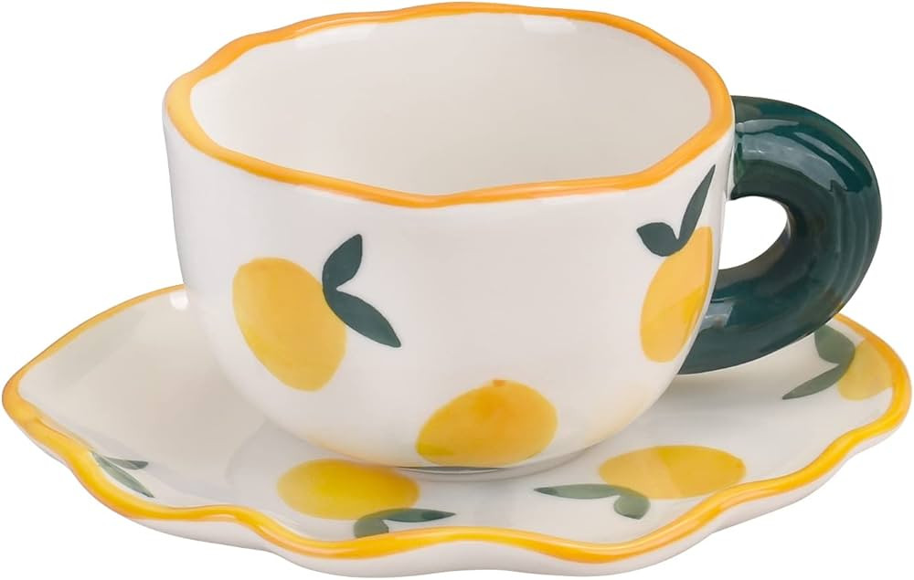 Koythin Ceramic Coffee Mug with Saucer Set, Cute Creative Cup Unique Irregular Saucer Design for ... | Amazon (US)