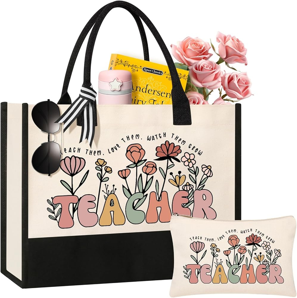 Tecanne Teacher Appreciation Gifts, Canvas Tote Bag and Makeup Bag Set for Women | Amazon (US)