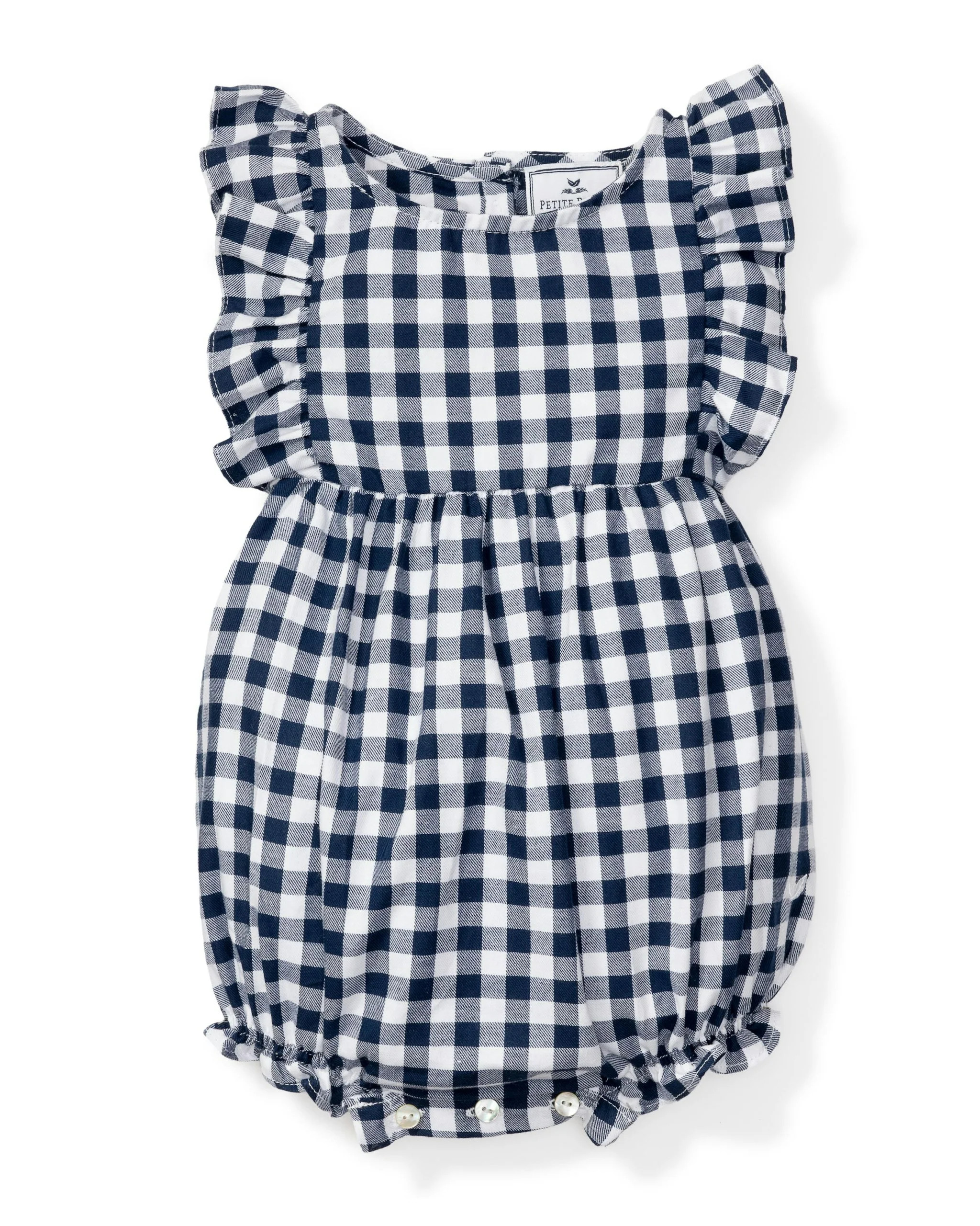 Baby's Twill Ruffled Romper in Navy Gingham | Petite Plume