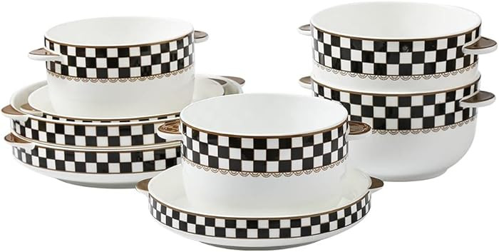 Porlien Checkered 8-Piece Plates and Bowls Set for 2 with Handles, Dessert/Cereal Bowls & Salad/S... | Amazon (US)