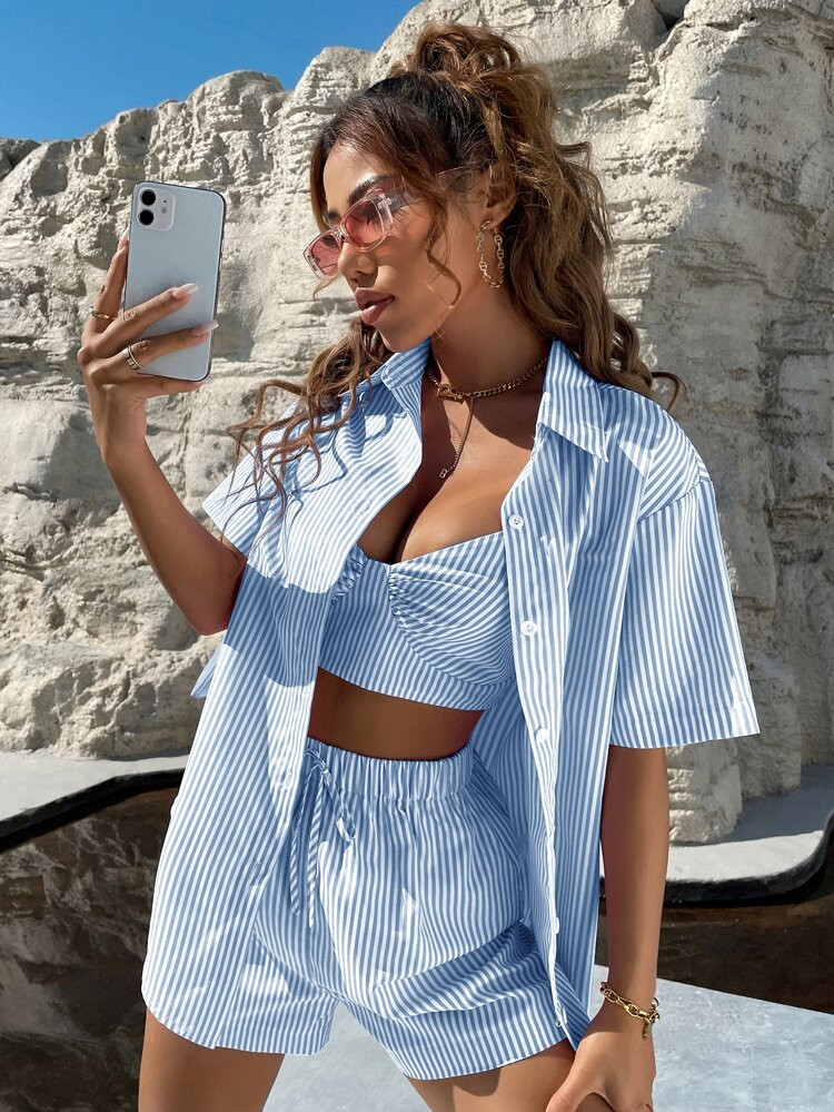 3pcs Striped Print Cami Top & Knot Front Shorts With Blouse | SHEIN