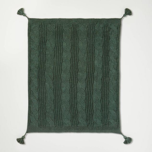 Cable Knit Tasseled Throw Blanket Green - Hearth & Hand™ with Magnolia | Target