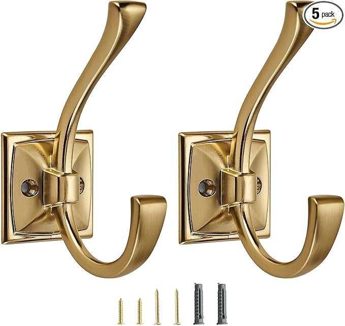 5 Pack Decorative Heavy Duty Towel Hooks for Hanging Robe Double Brushed Brass Coat Hooks Wall Mo... | Amazon (US)