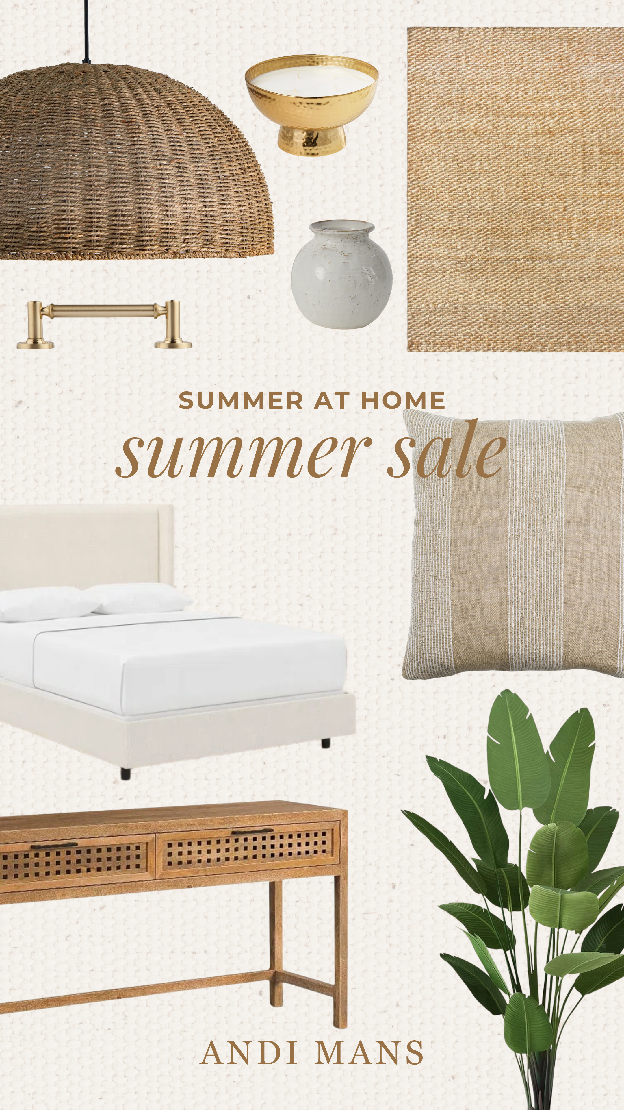 A few summer-inspired home finds I'm loving right now. From a beautiful console table and rattan pendant light to a jute rug, tropical faux tree, upholstered bed frame, and more, these pieces bring that relaxed, vacation-at-home feeling without leaving the house. Warm textures, natural tones, and easy updates that make your home feel like summer all season long! 

 #LTKSeasonal #LTKHome #LTKSaleAlert