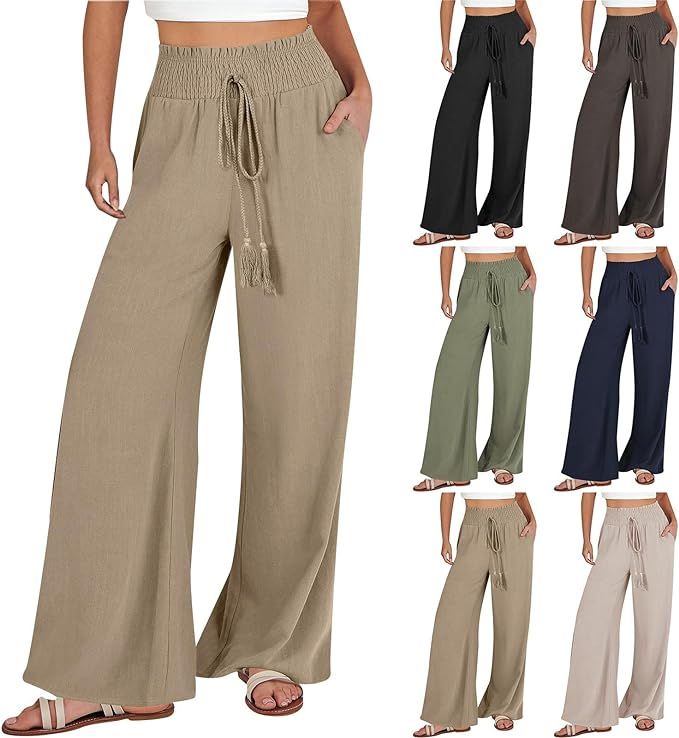 Women's Wide Leg Pants Summer Lounge Pant High Waist Drawstring Trousers Casual Flowy Boho Beach ... | Amazon (US)