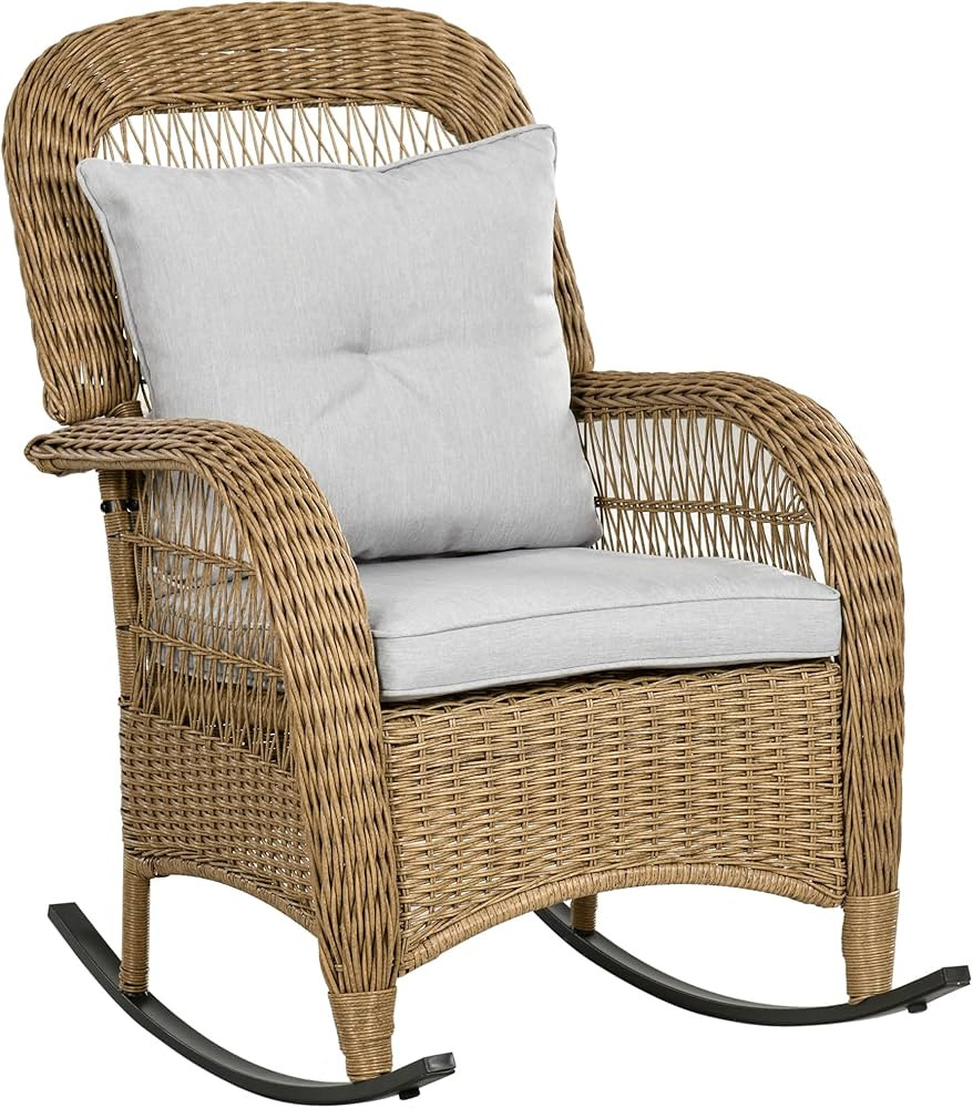 Outsunny Outdoor PE Rattan Rocking Chair with Cushions, Patio Luxury Round Wicker Garden Porch Fu... | Amazon (CA)