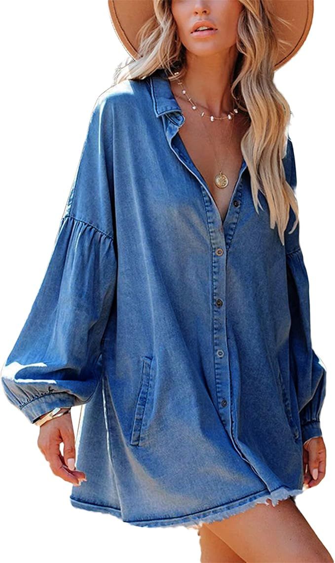 Hassembly Women Summer Casual Denim Shirt Dress Short Sleeve A-Line Tiered Babydoll Distressed Je... | Amazon (US)