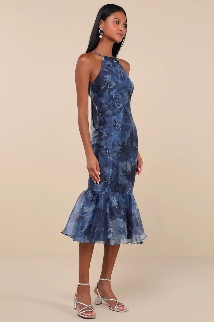 Admirable Essence Navy Blue Floral Organza Trumpet Midi Dress | Lulus