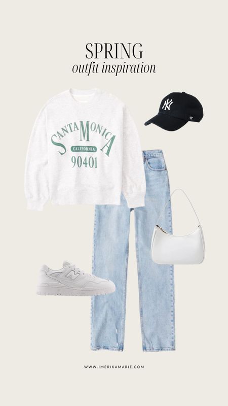 spring outfits. abercrombie finds. sweatshirt. baseball cap. abercrombie jeans. new balance 550 all white. spring outfit inspiration 

#LTKunder100 #LTKstyletip #LTKunder50