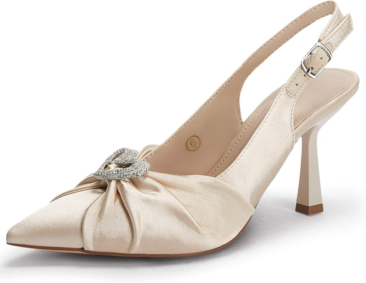 Amazon.com | Coutgo Womens Rhinestone Satin Heels Slingback Closed Pointed Toe Pumps Dress Shoes ... | Amazon (US)