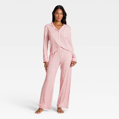 Women's Cloud Knit Modal Long Sleeve Notch Collar Top and Pants Pajama Set - Auden™ Red & White Stripe L | Target