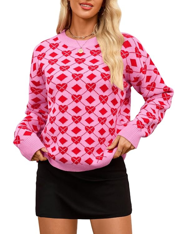 Heart Sweater,Diamond Patterned Valentines Sweaters for Women,Cute Vday Crewneck Knit Tops | Amazon (US)