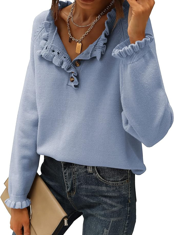 BTFBM Women's Sweaters Casual Long Sleeve Button Down Crew Neck Ruffle Knit Pullover Sweater Tops... | Amazon (US)