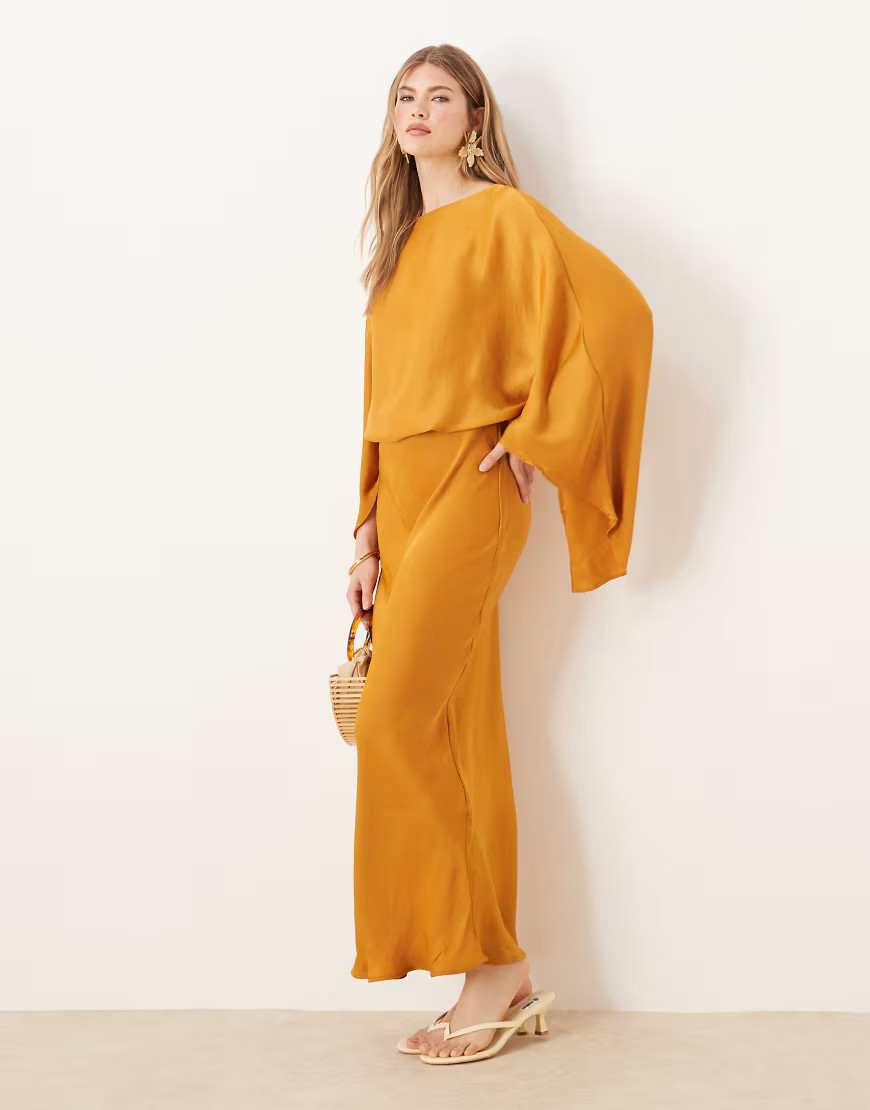 ASOS DESIGN caped satin maxi dress in ocher-Orange | ASOS (Global)