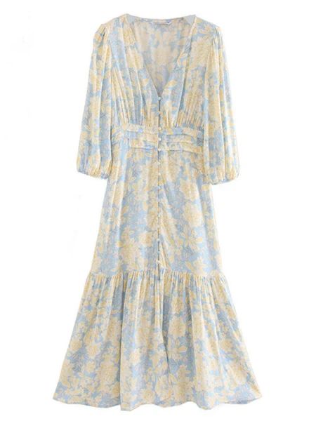 'Stella' V-neck Buttoned Floral Maxi Dress | Goodnight Macaroon